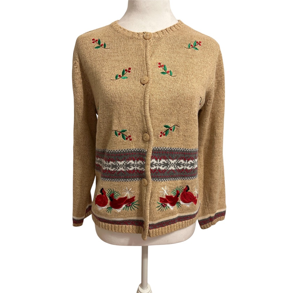 Vtg 80s Medium Bird Cardinal‎ Grandmacore Cottage tan cardinal Christmas sweater